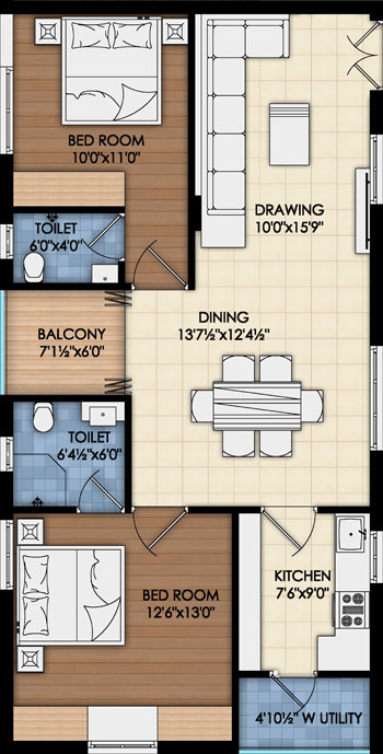 2BHK 1230 SFT East Face