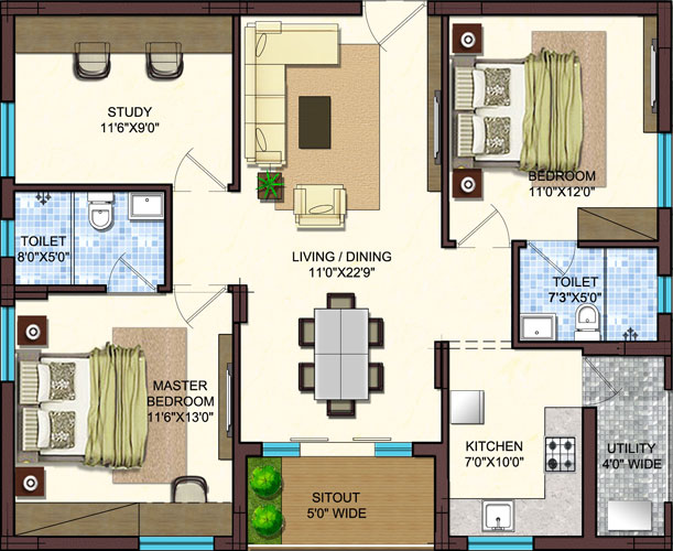 Tower 2 & 3 (2BHK 1300 SFT)